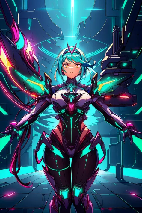 a woman in a futuristic suit with wings and glowing lights