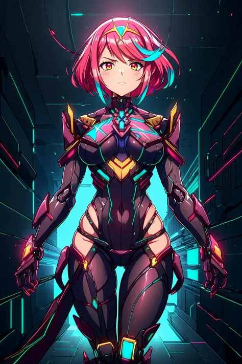 a woman in a futuristic suit with a sword and a glowing background