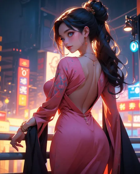 a woman in a pink dress standing on a bridge in a city