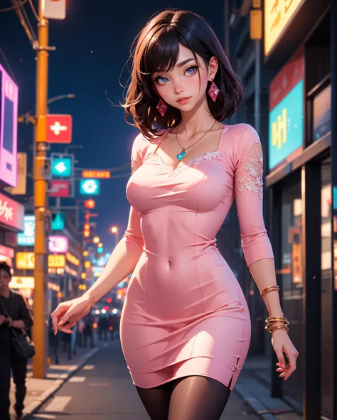 araffe in a pink dress walking down a city street