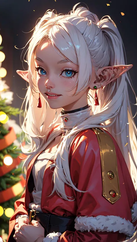 a close up of a person with a elf outfit near a christmas tree