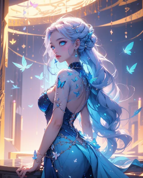 8Kåè¾¨ç, Refined features, s the perfect face, Glowing skin, high detal, blue skirts, long white hair, blue color eyelying blue butterflies, Raised sexy, plumw, Upright_straddle, sunraise, Eau, the sideview,