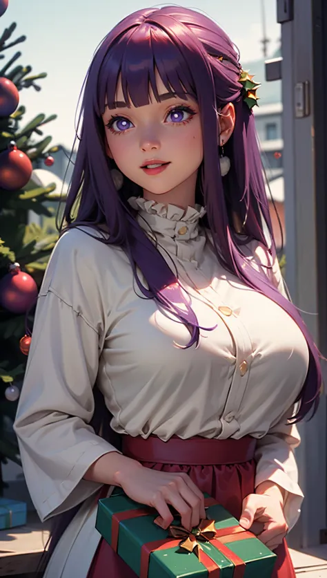 anime girl with purple hair holding a green box in front of a christmas tree