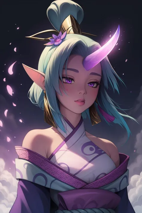 (masterpiece, best quality:1.2), intricate details, <lyco:GoodHands-beta2:1>, <lora:spirit_blossom_soraka-000015:1>, spirit blossom soraka, 1girl, purple skin, colored skin, single horn, kimono, hair ornament, bare shoulders