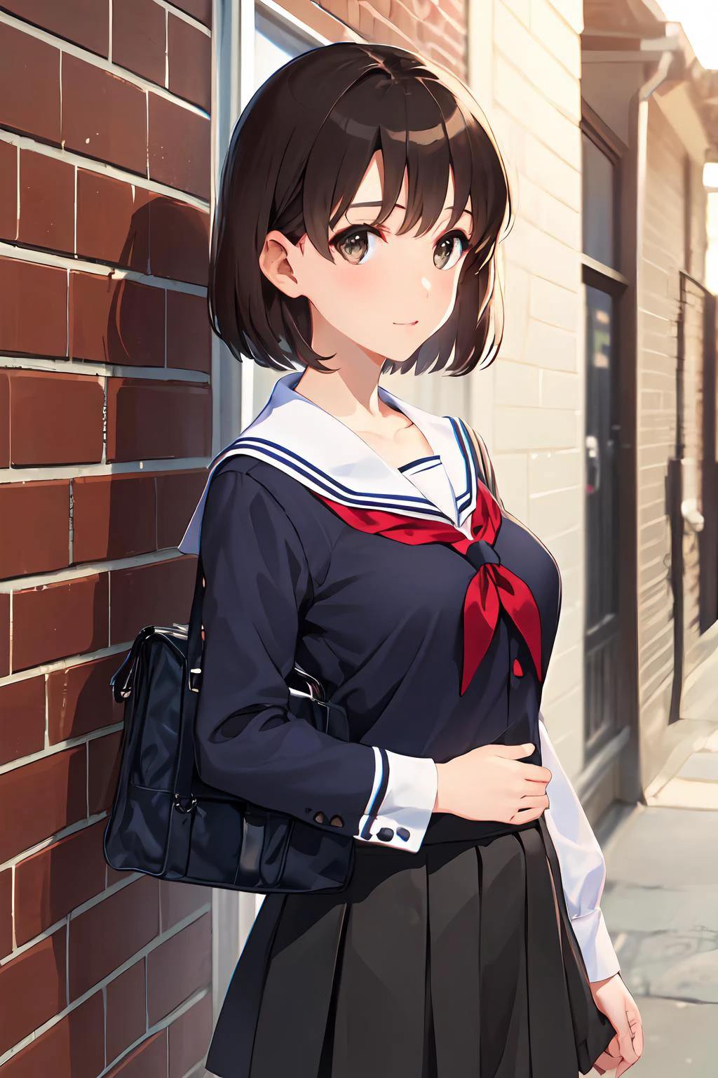 (masterpiece:1.6, best quality), (finely detailed beautiful eyes: 1.2),  ph_katou, katouhdlong, katouhd, 1girl, solo, black , short hair, skirt, bangs, brown eyes, brown hair, pleated skirt, black socks, kneehighs, school bag, serafuku, collarbone, long sleeves, sailor collar, street, outdoors,
