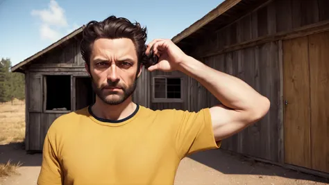 arafed man in yellow shirt standing in front of a wooden building