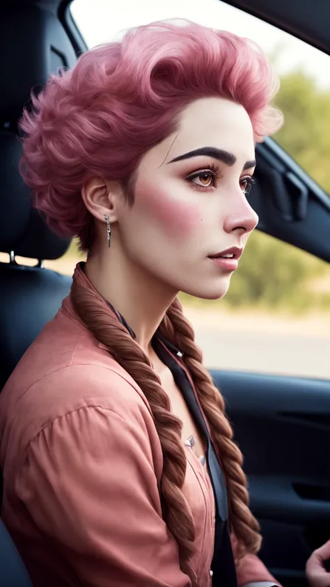 a close up of a woman with pink hair in a car