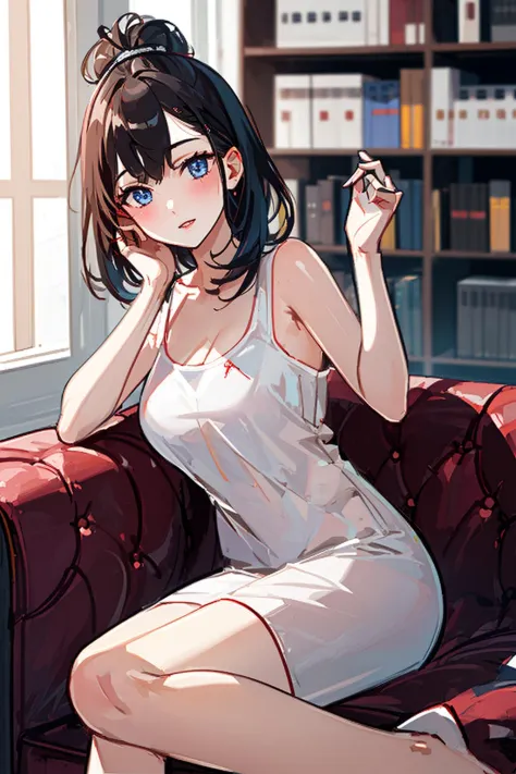 1girl, qingsha,sitting on couch,indoors,bookshelf,<lora:qingsha_20230731215211:0.8>,, (((masterpiece,best quality))),((good structure,Good composition,good atomy)), ((clear, original,beautiful)),