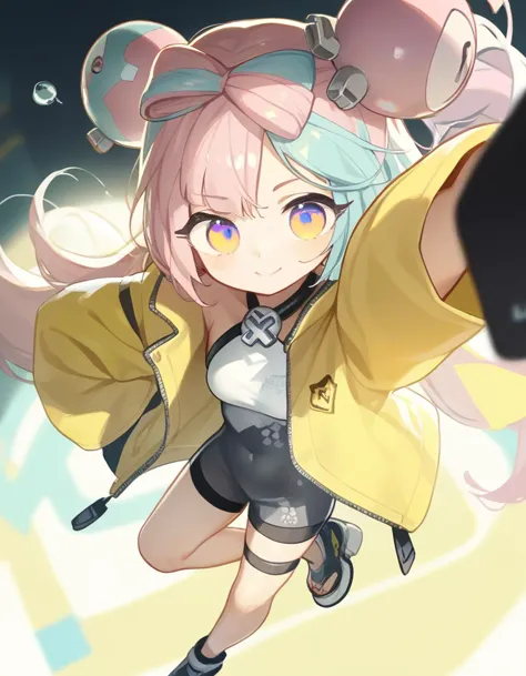 score_9,score_8_up,score_7_up,score_6_up,score_5_up, score_4_up, rating_safe, 1girl, (iono:0.9), yellow jacket, standing on one leg, smile, cloudscape, from above, looking at viewer, 
 <lora:tianliang_duohe_fangdongye_style_pony6_v2-000068:.9>