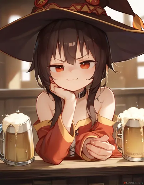 score_9,score_8_up,score_7_up,score_6_up,score_5_up, score_4_up, 1girl, (megumin,:0.8), witch hat, sitting on table, smug, beer mug, long sleeves, red dress, bare shoulders, upper body,
 <lora:tianliang_duohe_fangdongye_style_pony6_v2-000068:.9>