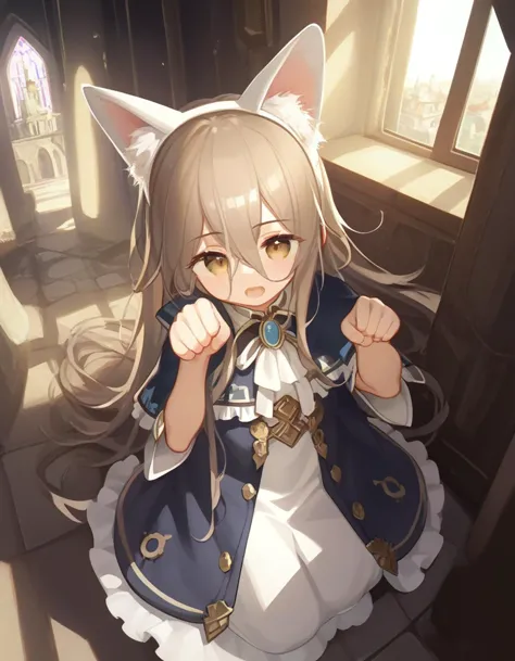 score_9,score_8_up,score_7_up,score_6_up,score_5_up, score_4_up, 1girl on the floor, paw pose, open mouth, fake cat ears, castle...