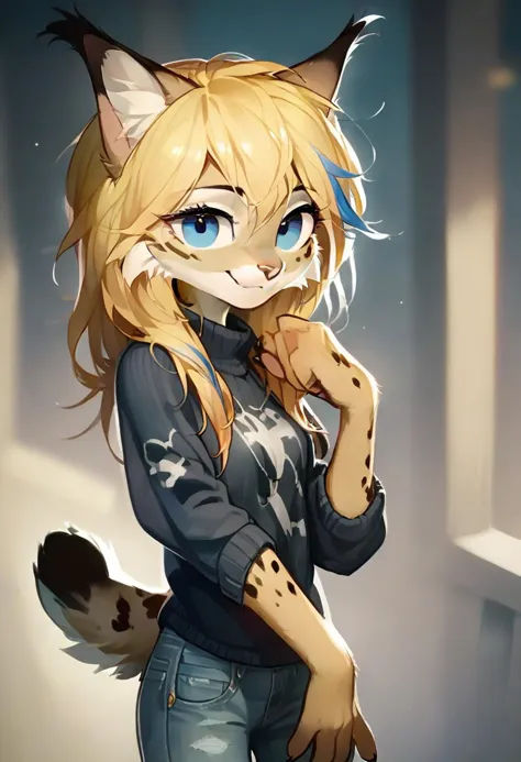 digital_media_(artwork) hi_res, score_9, score_8_up, score_7_up, score_6_up, score_5_up, score_4_up, rating_safe, beautiful, anthro, furry, female, detailed textured fur, fur tufts, fluffy, slim, slender, small breasts, cute, sweater, denim jeans, beautiful blue eyes, smile, solo, SFW, long blonde hair, lynx, multicolored hair, streaked hair,