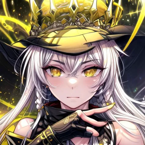 a woman with long white hair wearing a hat and holding a sword