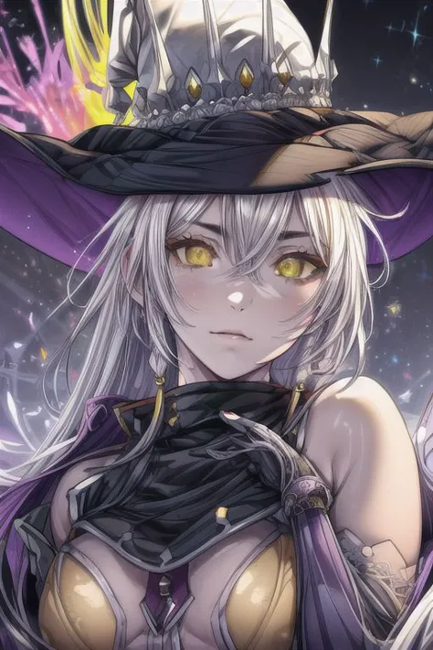 a woman in a witch hat with yellow eyes and a black top