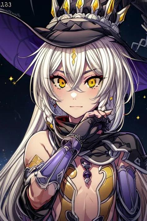 hilda, yellow eyes, long hair, very long hair, braid, twin braids, white hair, hat, leotard, see-through, witch hat, fingerless gloves, jewelry, black gloves, (masterpiece:1.2), best quality, high resolution, unity 8k wallpaper, (illustration:0.8), (beautiful detailed eyes:1.6), extremely detailed face, perfect lighting, extremely detailed CG, (perfect hands, perfect anatomy), (masterpiece:1.1), (best quality:1.1), 1girl, Real light and shadow, 4k, 8k, wallpaper,epic, detail texture, white hair, (yellow eyes:1.5), ((((whitehair:1.35, medium hair)))),intricate eyes,beautiful detailed eyes,symmetrical eyes,big eyes:1.5,(((lustrous skin:1.5,bright skin: 1.5,skin tanned,shiny skin,very shiny skin,shiny body,plastic glitter skin,exaggerated shiny skin,illuminated skin))),(detailed body,(detailed face)), cute, erotic,daring, (dynamic pose:1.0),happy,smile,(centered,scale to fit dimensions,Rule of thirds), highres,sharp focus,(ultra detailed,extremely detailed),(photorealistic artwork:1.37),(extremely detailed CG unity 8k wallpaper),(((vibrant colors,vibrant theme))),(intricate),(masterpiece),(best quality), upper body, full body, cowboy pose