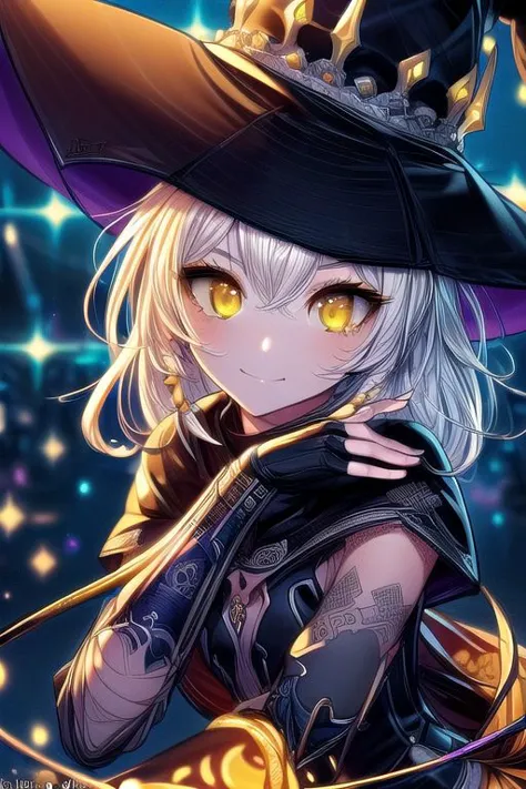 a girl in a witch hat with yellow eyes and a black top