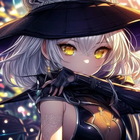 hilda, yellow eyes, long hair, very long hair, braid, twin braids, white hair, hat, leotard, see-through, witch hat, fingerless ...