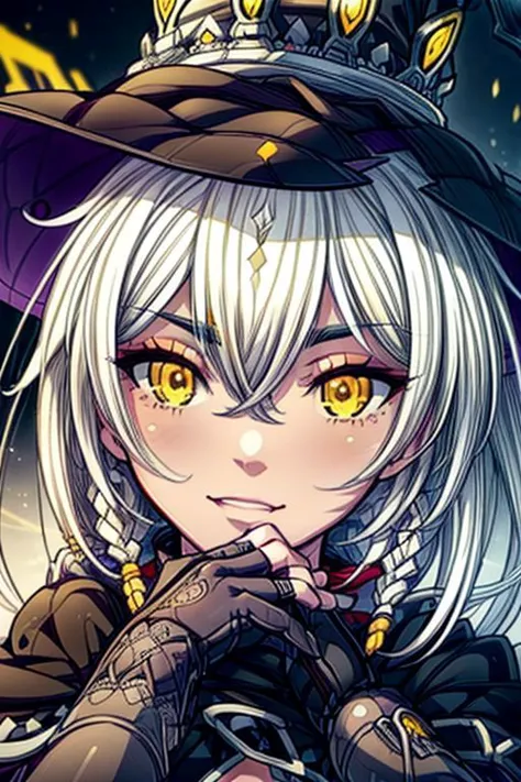 a woman in a witch hat and gloves with yellow eyes