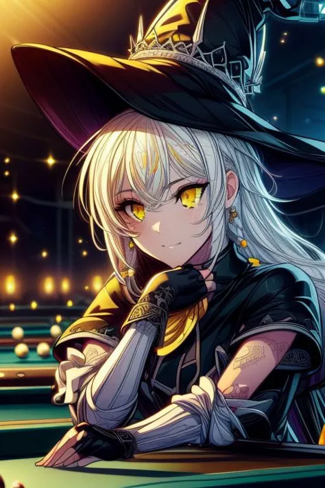 hilda, yellow eyes, long hair, very long hair, braid, twin braids, white hair, hat, leotard, see-through, witch hat, fingerless gloves, jewelry, black gloves, (masterpiece:1.2), best quality, high resolution, unity 8k wallpaper, (illustration:0.8), (beautiful detailed eyes:1.6), extremely detailed face, perfect lighting, extremely detailed CG, (perfect hands, perfect anatomy), (masterpiece:1.1), (best quality:1.1), 1girl, Real light and shadow, 4k, 8k, wallpaper,epic, detail texture, white hair, (yellow eyes:1.5), ((((whitehair:1.35, medium hair)))),intricate eyes,beautiful detailed eyes,symmetrical eyes,big eyes:1.5,(((lustrous skin:1.5,bright skin: 1.5,skin tanned,shiny skin,very shiny skin,shiny body,plastic glitter skin,exaggerated shiny skin,illuminated skin))),(detailed body,(detailed face)), cute, erotic,daring, (dynamic pose:1.0),happy,smile,(centered,scale to fit dimensions,Rule of thirds), highres,sharp focus,(ultra detailed,extremely detailed),(photorealistic artwork:1.37),(extremely detailed CG unity 8k wallpaper),(((vibrant colors,vibrant theme))),(intricate),(masterpiece),(best quality), upper body, full body, lean on table, aim pool ball