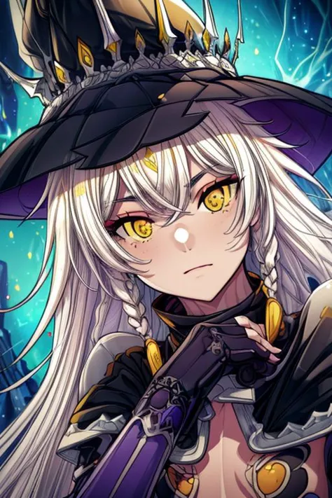 hilda, yellow eyes, long hair, very long hair, braid, twin braids, white hair, hat, leotard, see-through, witch hat, fingerless gloves, jewelry, black gloves, (masterpiece:1.2), best quality, high resolution, unity 8k wallpaper, (illustration:0.8), (beautiful detailed eyes:1.6), extremely detailed face, perfect lighting, extremely detailed CG, (perfect hands, perfect anatomy), (masterpiece:1.1), (best quality:1.1), 1girl, Real light and shadow, 4k, 8k, wallpaper,epic, detail texture, white hair, (yellow eyes:1.5), ((((whitehair:1.35, medium hair)))),intricate eyes,beautiful detailed eyes,symmetrical eyes,big eyes:1.5,(((lustrous skin:1.5,bright skin: 1.5,skin tanned,shiny skin,very shiny skin,shiny body,plastic glitter skin,exaggerated shiny skin,illuminated skin))),(detailed body,(detailed face)), cute, erotic,daring, (dynamic pose:1.0),happy,smile,(centered,scale to fit dimensions,Rule of thirds), highres,sharp focus,(ultra detailed,extremely detailed),(photorealistic artwork:1.37),(extremely detailed CG unity 8k wallpaper),(((vibrant colors,vibrant theme))),(intricate),(masterpiece),(best quality), upper body, full body