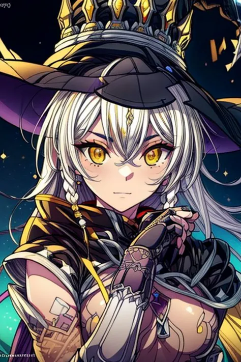 hilda, yellow eyes, long hair, very long hair, braid, twin braids, white hair, hat, leotard, see-through, witch hat, fingerless gloves, jewelry, black gloves, (masterpiece:1.2), best quality, high resolution, unity 8k wallpaper, (illustration:0.8), (beautiful detailed eyes:1.6), extremely detailed face, perfect lighting, extremely detailed CG, (perfect hands, perfect anatomy), (masterpiece:1.1), (best quality:1.1), 1girl, Real light and shadow, 4k, 8k, wallpaper,epic, detail texture, white hair, (yellow eyes:1.5), ((((whitehair:1.35, medium hair)))),intricate eyes,beautiful detailed eyes,symmetrical eyes,big eyes:1.5,(((lustrous skin:1.5,bright skin: 1.5,skin tanned,shiny skin,very shiny skin,shiny body,plastic glitter skin,exaggerated shiny skin,illuminated skin))),(detailed body,(detailed face)), cute, erotic,daring, (dynamic pose:1.0),happy,smile,(centered,scale to fit dimensions,Rule of thirds), highres,sharp focus,(ultra detailed,extremely detailed),(photorealistic artwork:1.37),(extremely detailed CG unity 8k wallpaper),(((vibrant colors,vibrant theme))),(intricate),(masterpiece),(best quality), upper body, full body