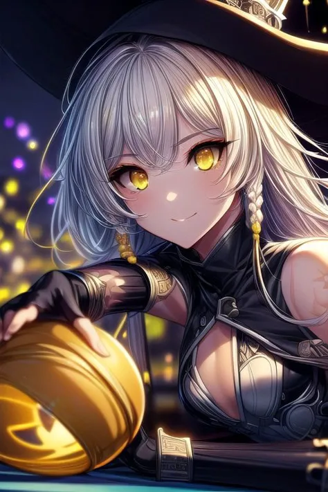 hilda, yellow eyes, long hair, very long hair, braid, twin braids, white hair, hat, leotard, see-through, witch hat, fingerless gloves, jewelry, black gloves, (masterpiece:1.2), best quality, high resolution, unity 8k wallpaper, (illustration:0.8), (beautiful detailed eyes:1.6), extremely detailed face, perfect lighting, extremely detailed CG, (perfect hands, perfect anatomy), (masterpiece:1.1), (best quality:1.1), 1girl, Real light and shadow, 4k, 8k, wallpaper,epic, detail texture, white hair, (yellow eyes:1.5), ((((whitehair:1.35, medium hair)))),intricate eyes,beautiful detailed eyes,symmetrical eyes,big eyes:1.5,(((lustrous skin:1.5,bright skin: 1.5,skin tanned,shiny skin,very shiny skin,shiny body,plastic glitter skin,exaggerated shiny skin,illuminated skin))),(detailed body,(detailed face)), cute, erotic,daring, (dynamic pose:1.0),happy,smile,(centered,scale to fit dimensions,Rule of thirds), highres,sharp focus,(ultra detailed,extremely detailed),(photorealistic artwork:1.37),(extremely detailed CG unity 8k wallpaper),(((vibrant colors,vibrant theme))),(intricate),(masterpiece),(best quality), upper body, full body, lean on table, aim pool ball