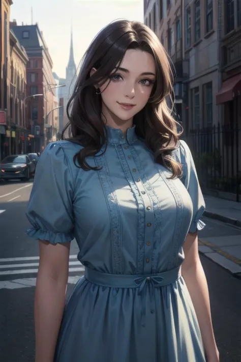 a woman in a blue dress standing on a city street