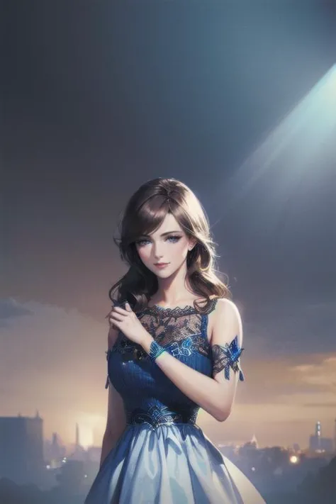 a woman in a blue dress standing on a rooftop with a city in the background