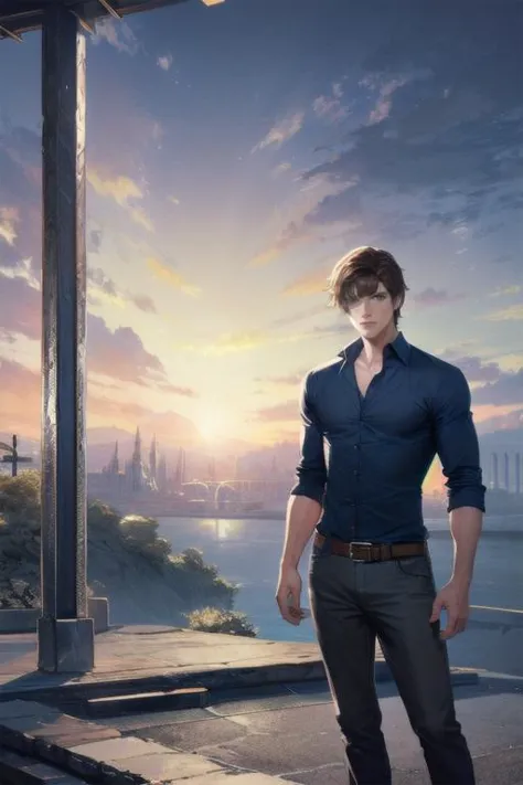 ((masterpiece)), ((best quality)), (ultra-detailed), absurdres, extremely detailed CG unity 8k wallpaper, Official Art, (realistic), [beautiful face, detailed hands, expressive eyes:0.5], upper body, [close up:0.5], solo, scenery, illustration, dramatic lighting, standing, smile, 1boy, bishounen, shirt, pants, ((masterpiece)), , absurdres, HDR