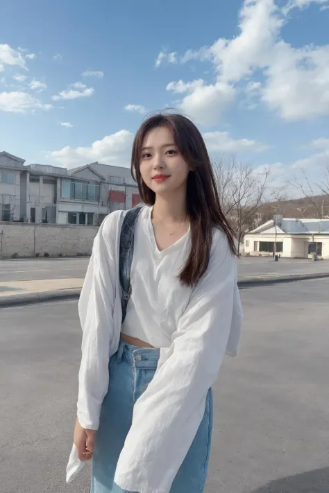 1girl, solo, korean girl, giggling, outdoor, blue sky, white clouds, (full_body_shot), (instagram, instagram style), ((8K, UHD, realistic,  photorealistic,
masterpiece,  ultrahigh-quality,  high_detailed)), (hyperrealistic background, detailed background, photorealistic) 