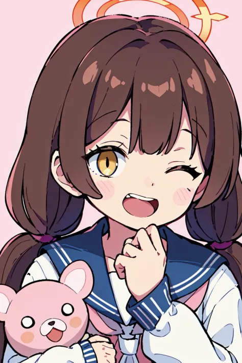 <lora:korukoruno:0.8>1girl, hifumi (blue archive), one eye closed, pink background, twintails, halo, holding, sailor collar, long hair, simple background, low twintails, long sleeves, smile, open mouth, wing hair ornament, school uniform, solo, blue sailor...