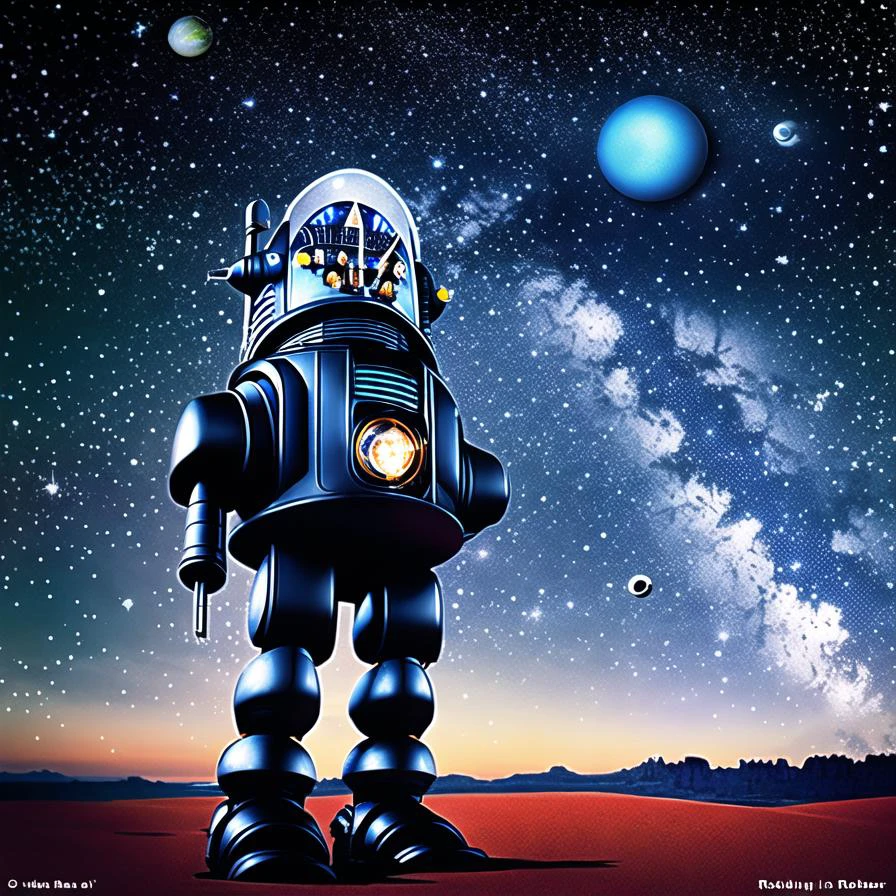 robby3 1robot ein schwarzer Roboter auf einem fremden Planeten mit Sternen und Monden im Hintergrund 