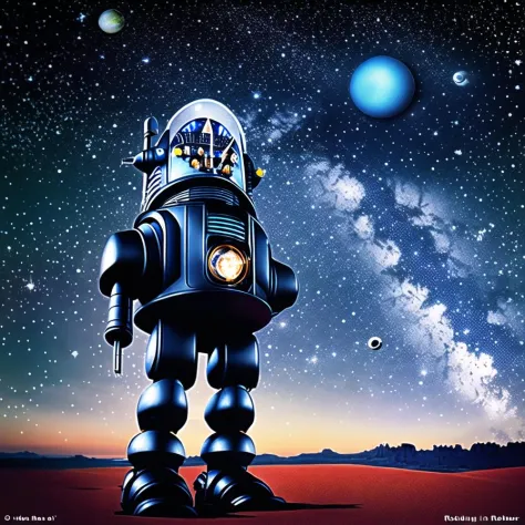 robby3  1robot a black robot on an alien planet with stars and moons in the the background <lora:robby3:1><hypernet:head1:1>