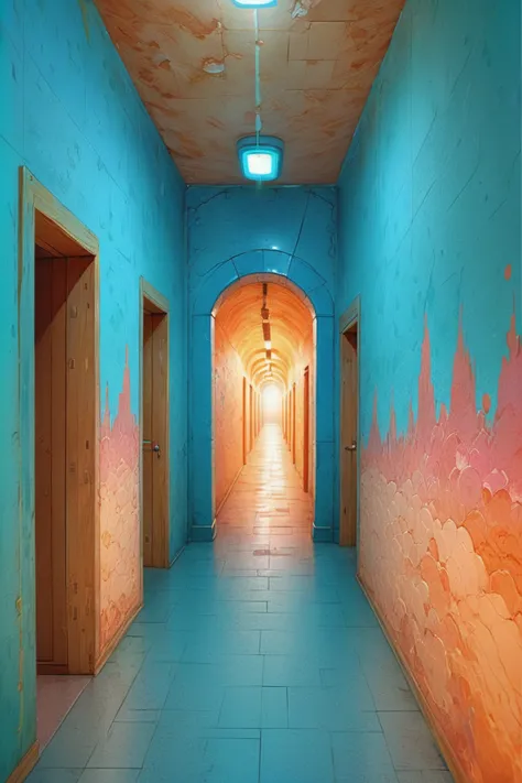 there is a long hallway with a light at the end of it