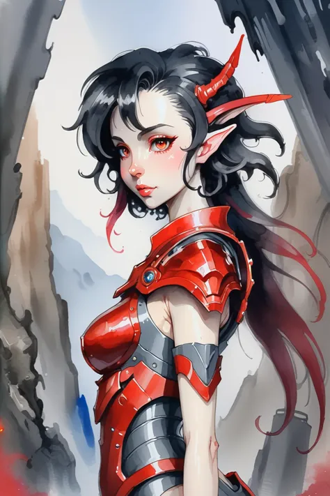 a painting of a woman in a red outfit with horns