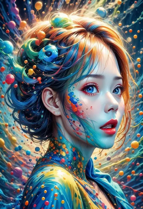 (asian woman wearing an unzipped ao dai), half body image, (extremely beautiful), erotic tattoo on her back, ((bare shoulders)), bare back, (head turned to face viewer), seductive smile, surrounded by millions of tiny colored bubbles of all colors swirling in a random directions, hyperactive background feeling, so many bubbles they cannot be counted, bubbles getting tinier into infinity, oversized pale blue eyes, huge eyes, bright eyes, (unnaturally light blue eye color:1.8), ((dark-green-lips)), hair swirling with the bubbles, abstract modern art, dynamic geometric abstraction, precise angles, exploration of form and emotion, immersive textures, stark contrasts with geometric dynamism, evocative symbolism, cinematic scope, artistic surrealism, captured in 8k resolution