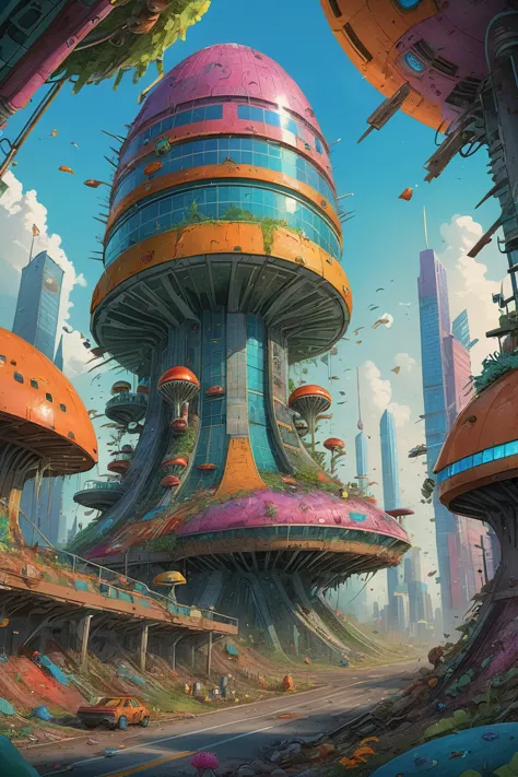 a painting of a futuristic city with a giant mushroom like structure