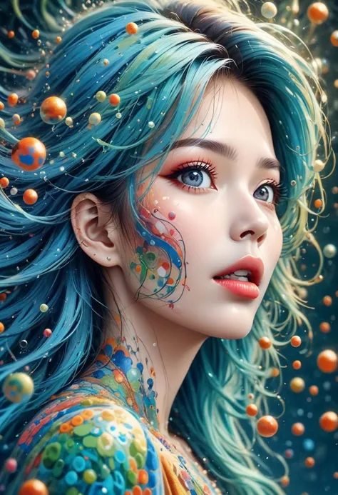 (asian woman wearing an unzipped ao dai), half body image, erotic tattoo on back, ((bare shoulders)), bare back, head turned to face viewer, seductive smile, surrounded by millions of tiny colored bubbles of all colors swirling in a random directions, hyperactive background feeling, so many bubbles they cannot be counted, bubbles getting tinier into infinity, oversized pale blue eyes, huge eyes, bright eyes, (unnaturally light blue eye color:1.8), ((dark-green-lips)), hair swirling with the bubbles, abstract modern art, dynamic geometric abstraction, precise angles, exploration of form and emotion, immersive textures, stark contrasts with geometric dynamism, evocative symbolism, cinematic scope, artistic surrealism, captured in 8k resolution