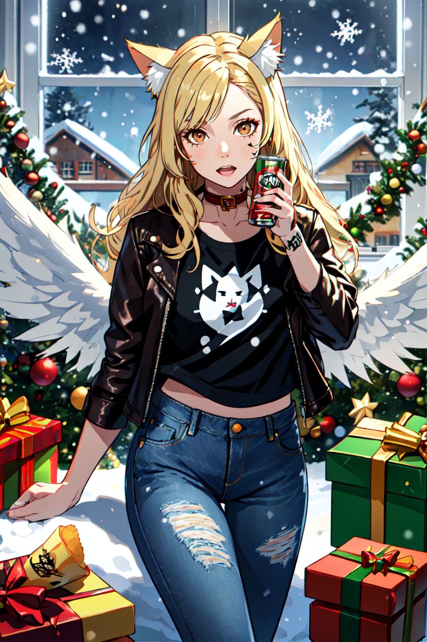 Anime girl with angel wings and a black shirt holding a cell phone - SeaArt  AI