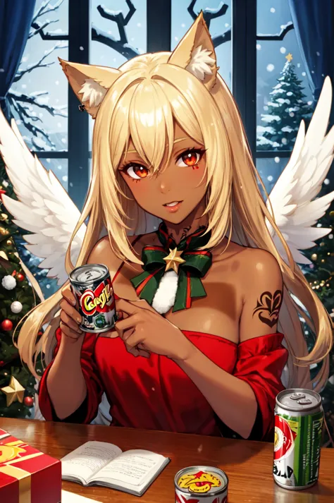 anime girl with a can of soda and a christmas tree