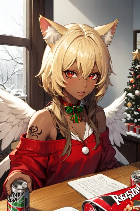 anime girl with angel wings and a red dress sitting at a table