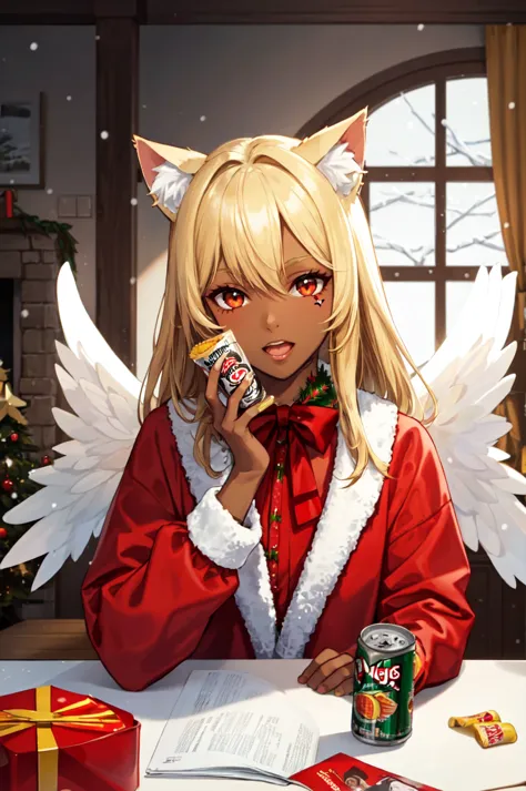 anime girl in a red coat with angel wings talking on a cell phone