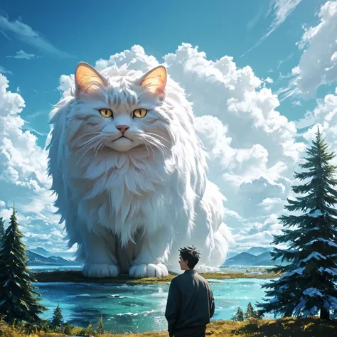 there is a man standing in front of a giant white cat