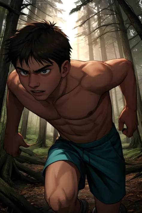 Anime, close-up, a 19yo dg_Jesse boy, <lora:dg_Jesse_v1:0.8>, running through the woods, terrified, horror, hyperdetailed,