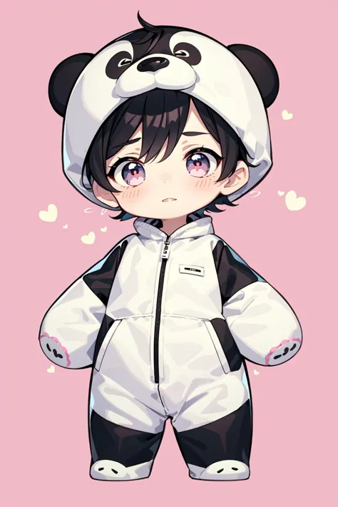 chibi boy in a kawaii style, in a panda costume, soft, colorful, delicate, expressive, textured, sharp, cian and pink colors, <l...