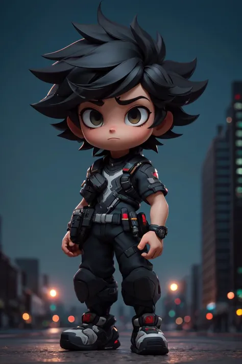 masterpiece, best quality, 8k, cinematic light, ultra high res, chibi, full body, <lora:chibi-v1:1>,1man,masterpiece,best quality, ultra high res, dusk,cityscape,depth of field, short black messy hair, solo male