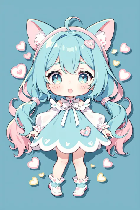 chibi girl in a kawaii style, hearts, soft, colorful, delicate, expressive, textured, sharp, cyan and pink, <lora:chibi-v1:0.8>