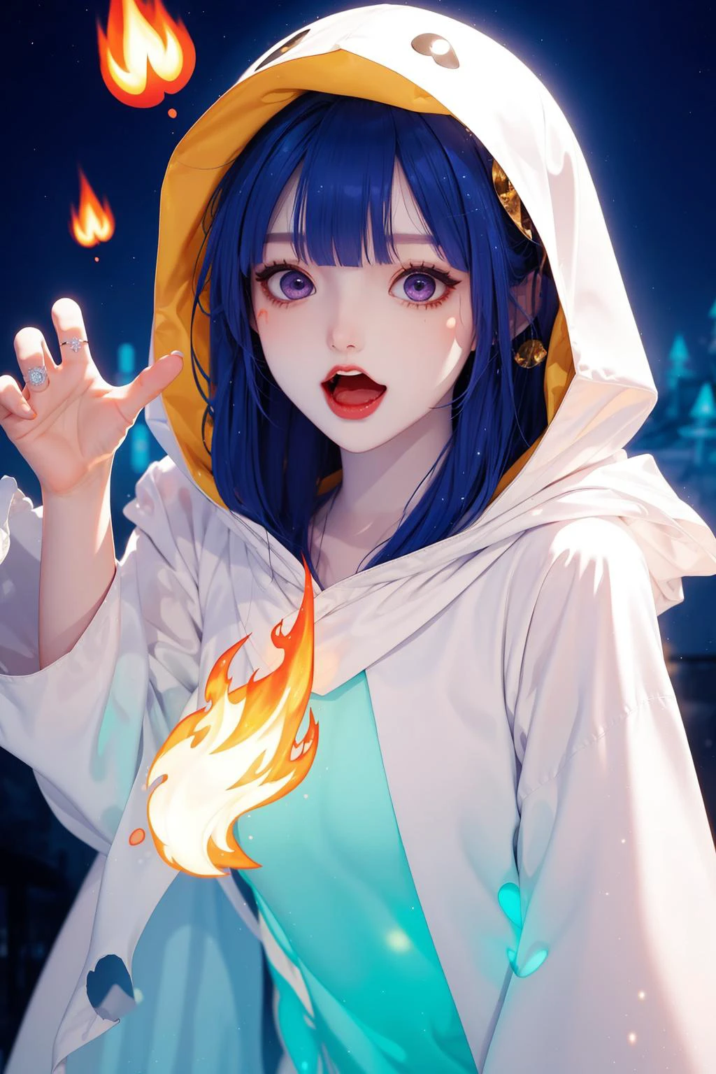 masterpiece,best quality,haunted theme park,haunted by chibi ghosts,cute,whimsical,glow,glowing,fun,silly,mystical,light particles,flame,ghost costume,hood,open mouth,fang out,claw pose,blush,jtc,blue and yellow theme,