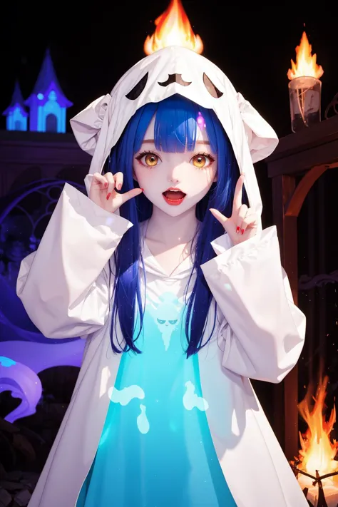 masterpiece,best quality,haunted theme park,haunted by chibi ghosts,cute,whimsical,glow,glowing,fun,silly,mystical,light particles,flame,<lora:GhostCostumeV1:0.8>,ghost costume,hood,open mouth,fang out,claw pose,blush,<lora:MengX girl_Mix_V40:0.8>,<lora:jtc_v1.0:0.5>,jtc,blue and yellow theme,