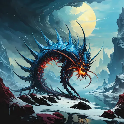 a painting of a dragon with a blue body and red wings